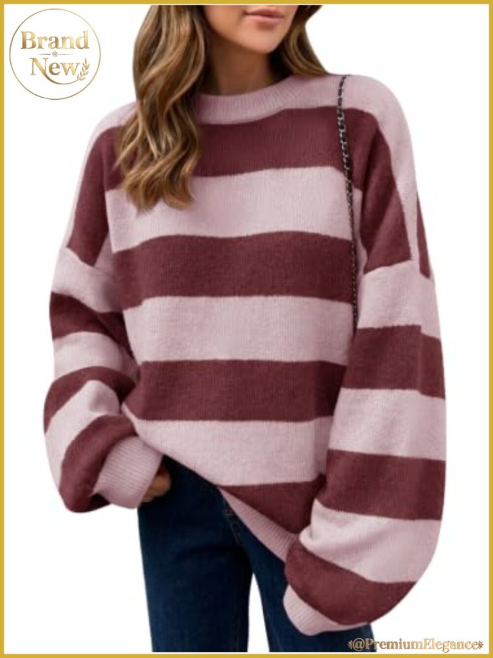 Oversized Color Block Striped Knit Pullover Sweater Women Lantern Sleeve